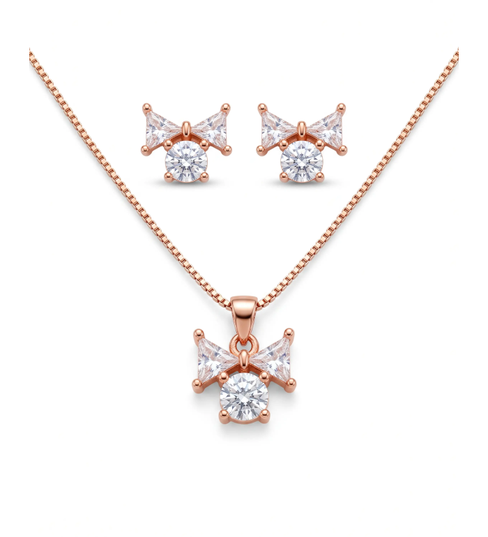 Rose Gold Nectar Bow Solitaire Pendant Necklace with Studs | Stylora