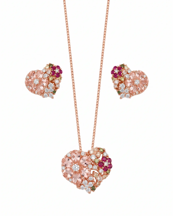 Rose Gold Majestic Floral Heart Pendant Necklace with Studs | Stylora