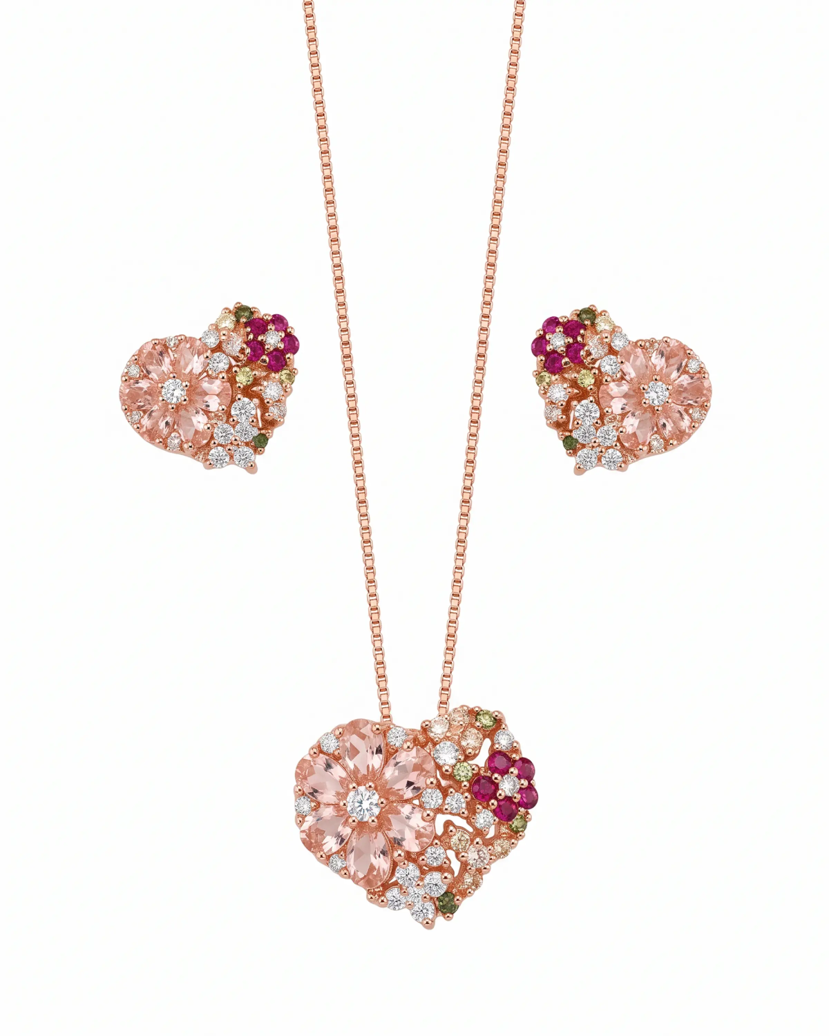 Rose Gold Majestic Floral Heart Pendant Necklace with Studs | Stylora