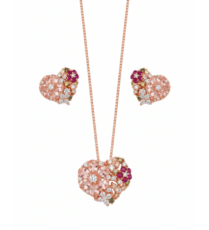 Rose Gold Majestic Floral Heart Pendant Necklace with Studs | Stylora