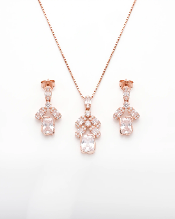 Rose Gold Nectar Floral Cascade Pendant Necklace with Studs | Stylora