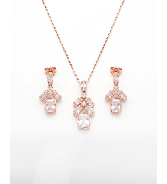 Rose Gold Nectar Floral Cascade Pendant Necklace with Studs | Stylora