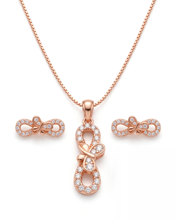 Rose Gold Nectar Infinity Bow Pendant Necklace with Studs | Stylora