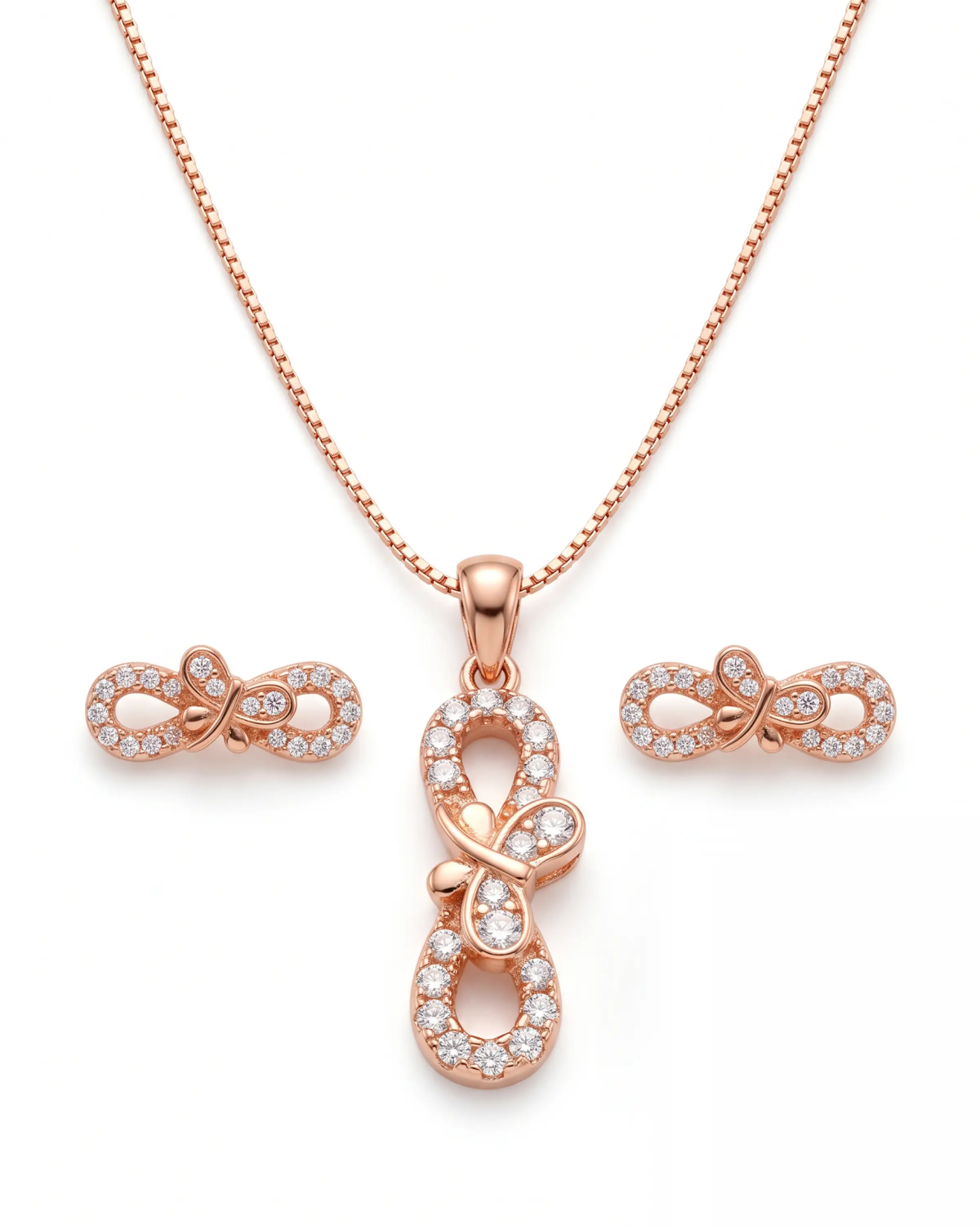 Rose Gold Nectar Infinity Bow Pendant Necklace with Studs | Stylora