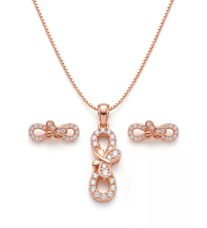 Rose Gold Nectar Infinity Bow Pendant Necklace with Studs | Stylora