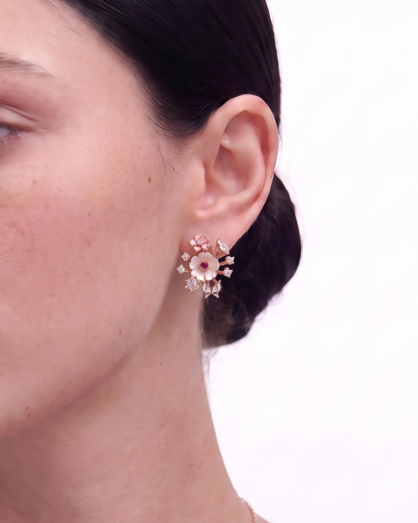 Rose Gold Moonlight Pink Snowflake Pendant Necklace with Studs | Stylora