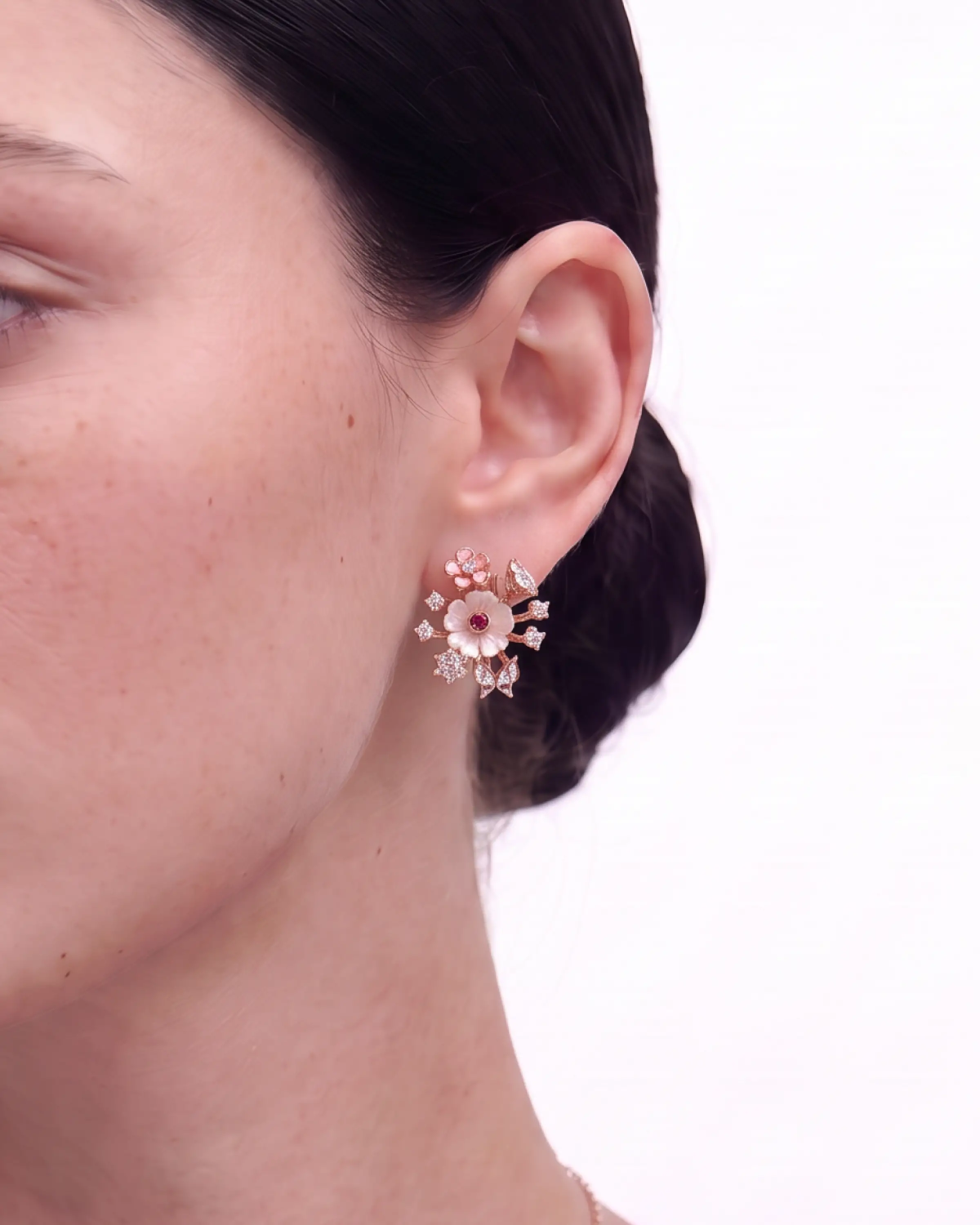 Rose Gold Moonlight Pink Snowflake Pendant Necklace with Studs | Stylora