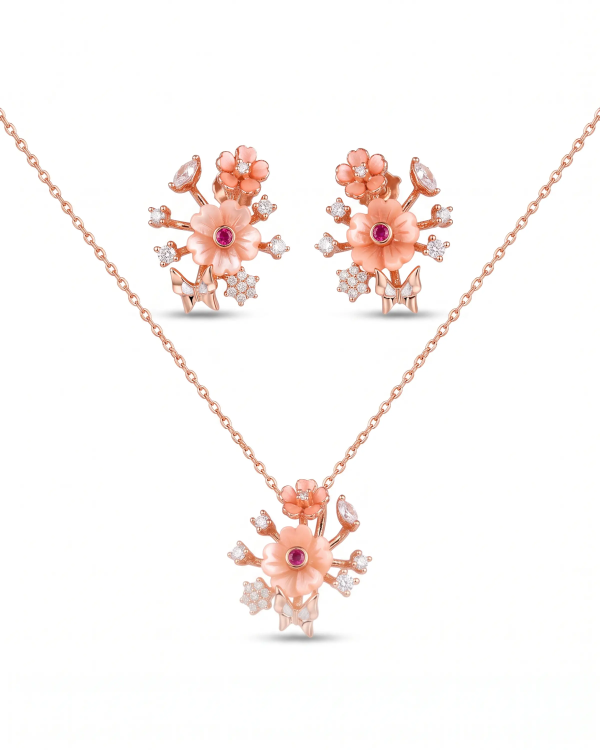 Rose Gold Moonlight Pink Snowflake Pendant Necklace with Studs | Stylora