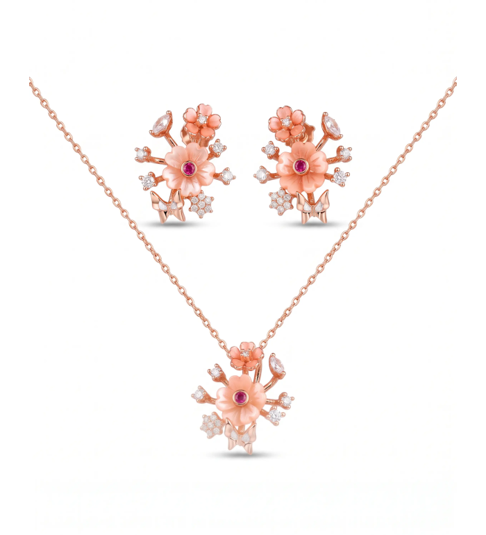 Rose Gold Moonlight Pink Snowflake Pendant Necklace with Studs | Stylora