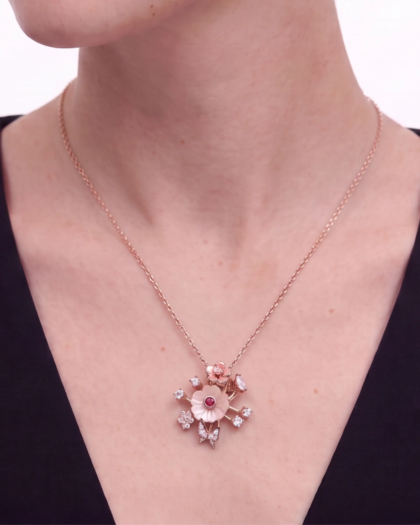 Rose Gold Moonlight Pink Snowflake Pendant Necklace with Studs | Stylora