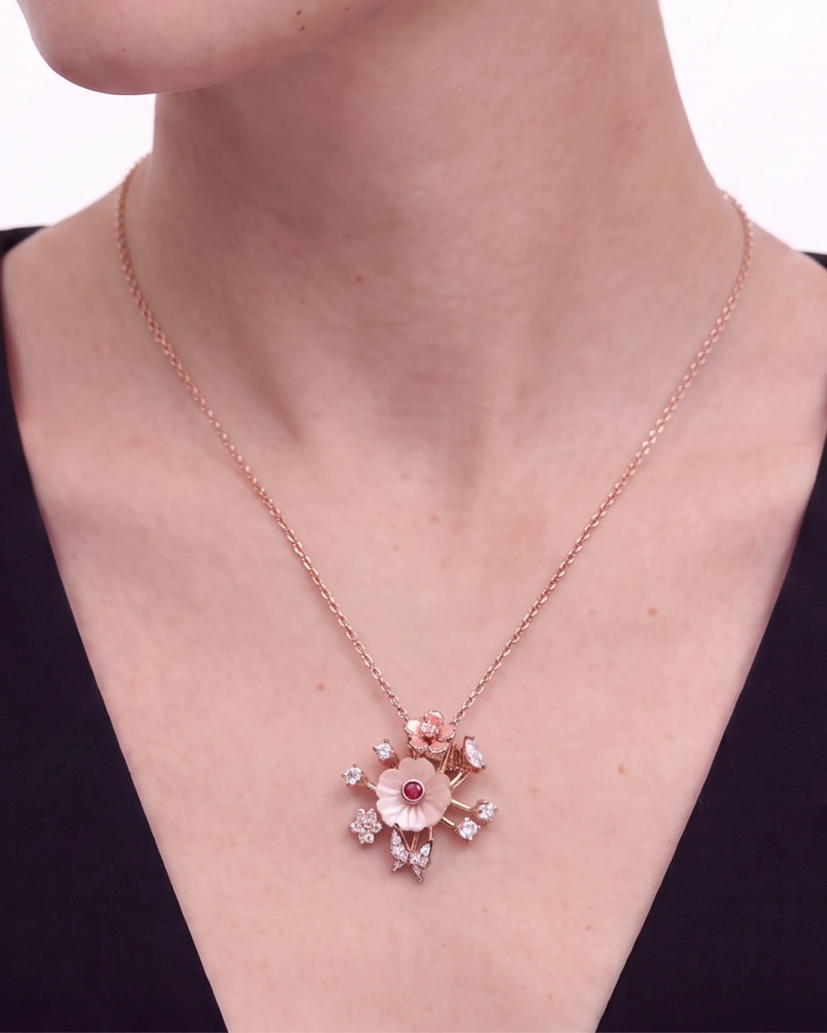 Rose Gold Moonlight Pink Snowflake Pendant Necklace with Studs | Stylora