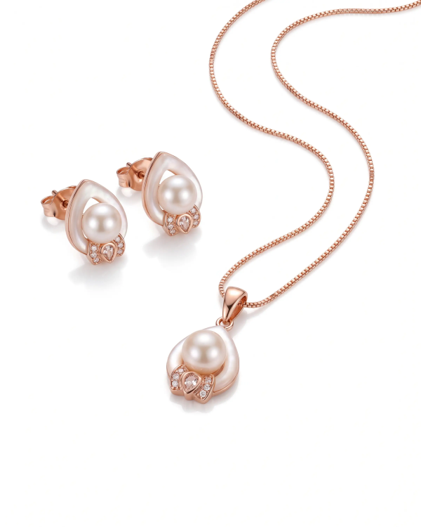 Rose Gold Moonlight Pearl Drop Pendant Necklace with Studs | Stylora