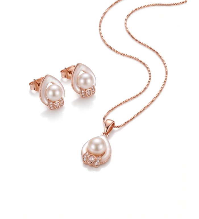 Rose Gold Moonlight Pearl Drop Pendant Necklace with Studs | Stylora