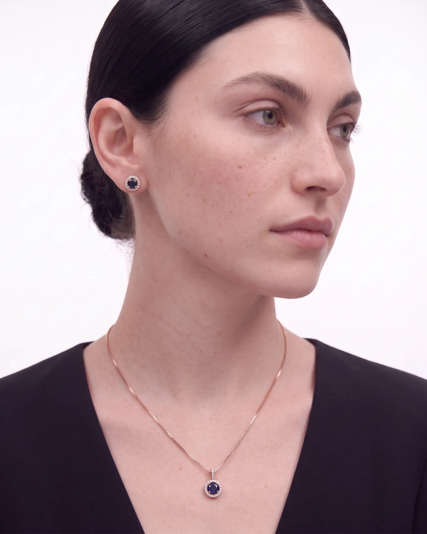 Rose Gold Majestic Blue Halo Pendant Necklace with Studs