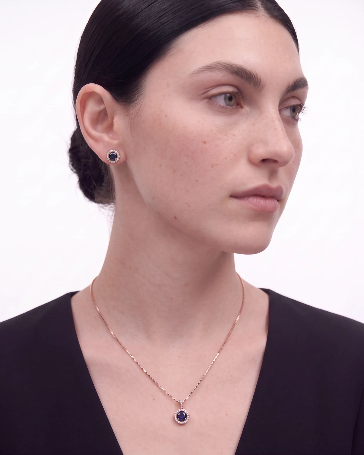 Rose Gold Majestic Blue Halo Pendant Necklace with Studs | Stylora