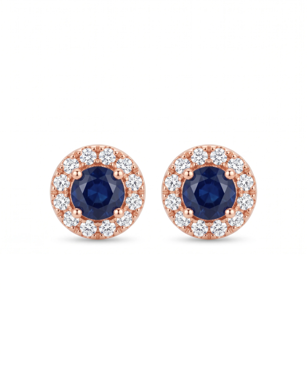 Rose Gold Majestic Blue Halo Pendant Necklace with Studs | Stylora