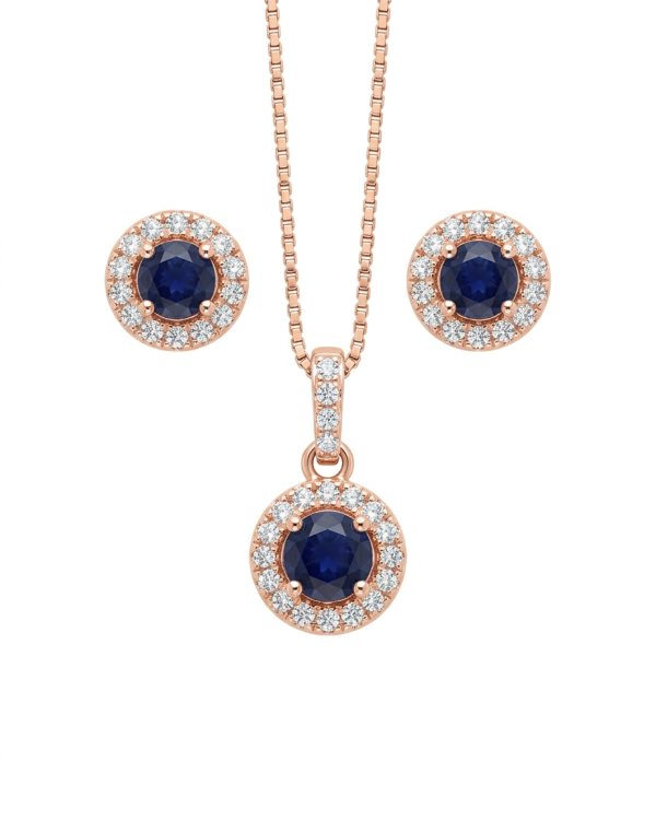 Rose Gold Majestic Blue Halo Pendant Necklace with Studs | Stylora
