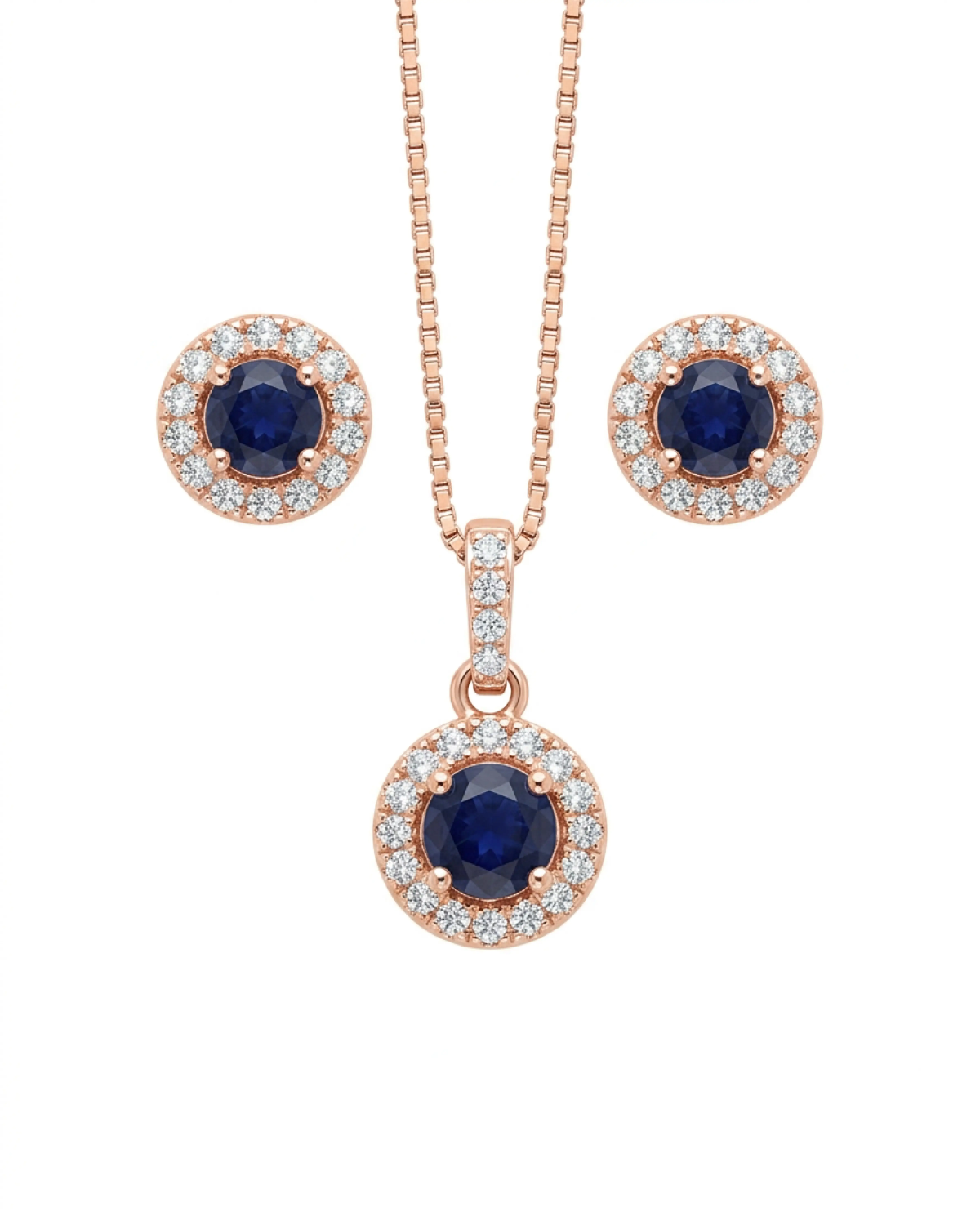 Rose Gold Majestic Blue Halo Pendant Necklace with Studs | Stylora