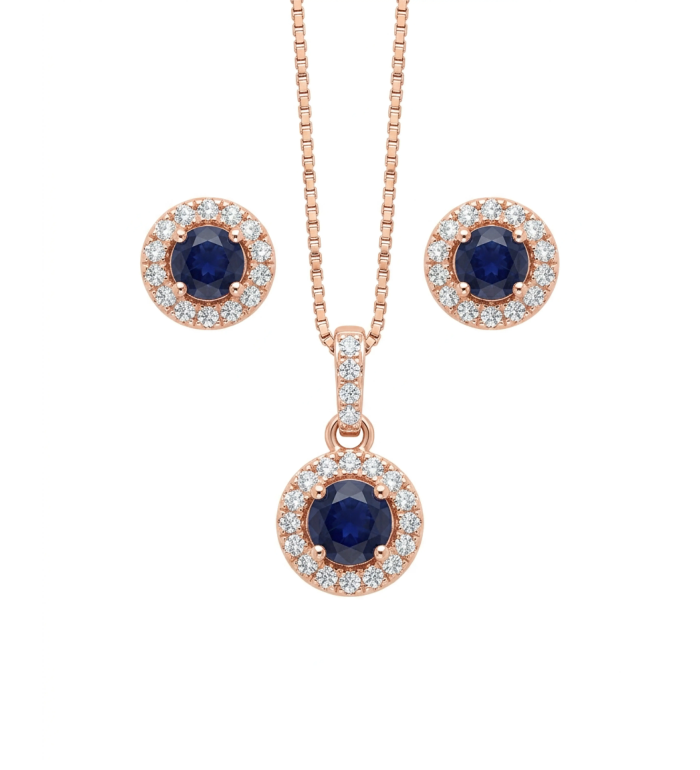 Rose Gold Majestic Blue Halo Pendant Necklace with Studs | Stylora