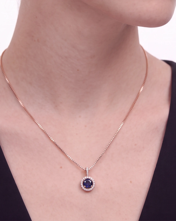 Rose Gold Majestic Blue Halo Pendant Necklace with Studs | Stylora