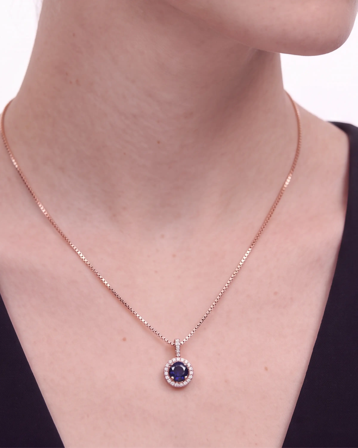 Rose Gold Majestic Blue Halo Pendant Necklace with Studs | Stylora