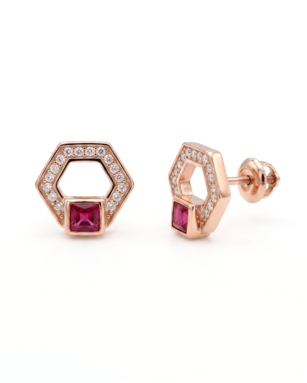 Rose Gold Hexagon Pink Stone Stud Earrings | Silver Earrings | Stylora