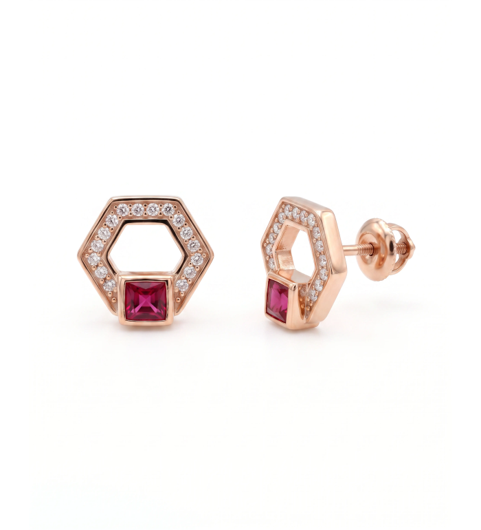 Rose Gold Hexagon Pink Stone Stud Earrings | Silver Earrings | Stylora