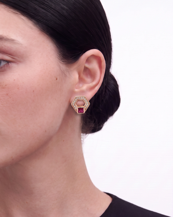 Rose Gold Hexagon Pink Stone Stud Earrings