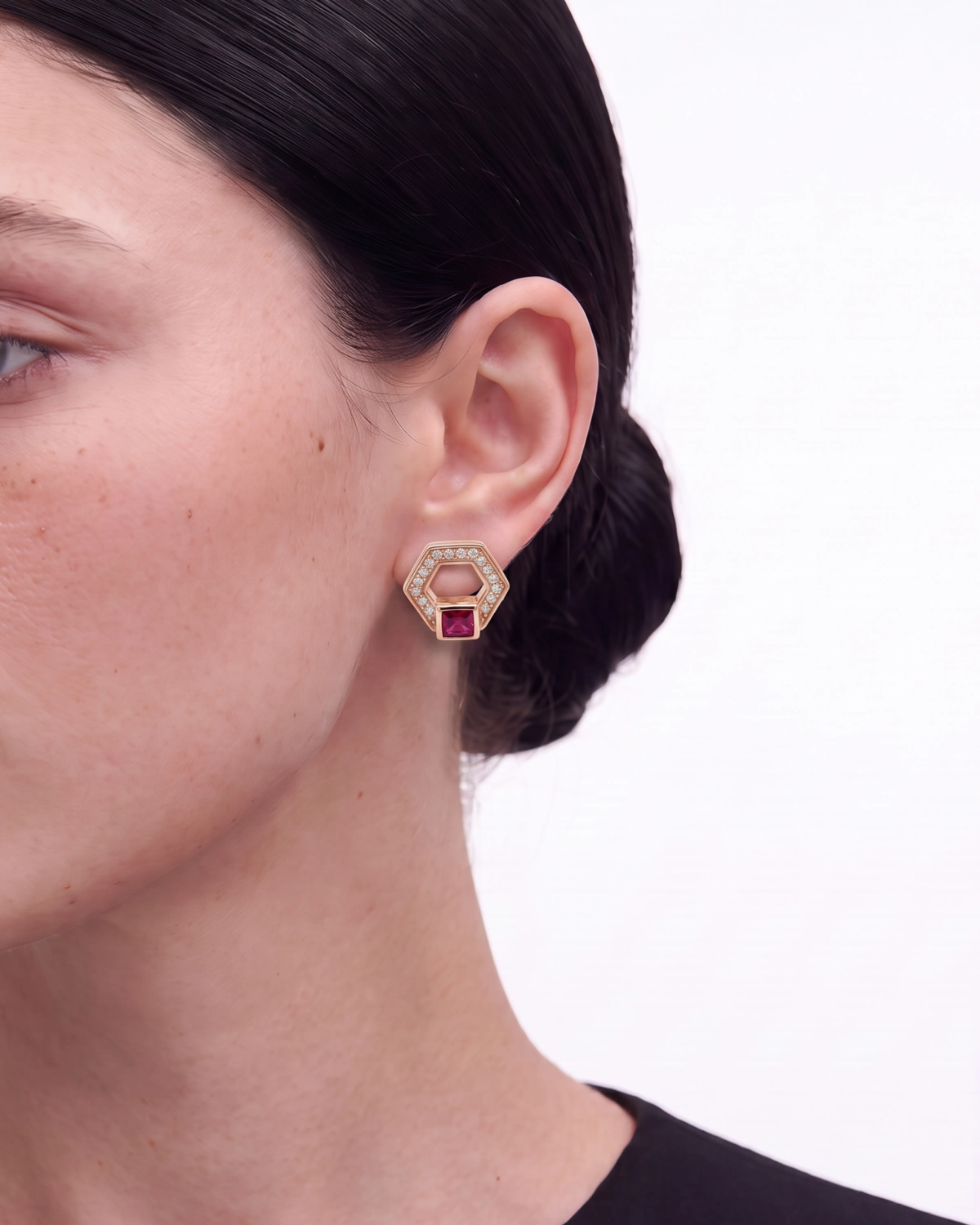 Rose Gold Hexagon Pink Stone Stud Earrings | Silver Earrings | Stylora