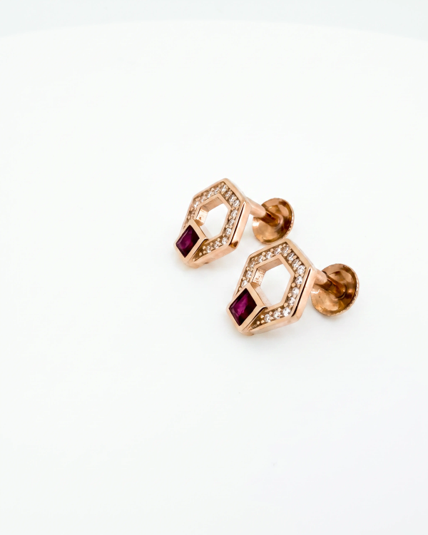 Rose Gold Hexagon Pink Stone Stud Earrings | Silver Earrings | Stylora