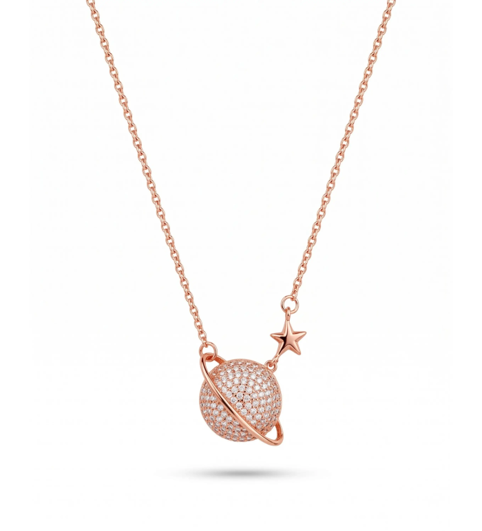 Rose Gold Pave Planet Pendant Necklace