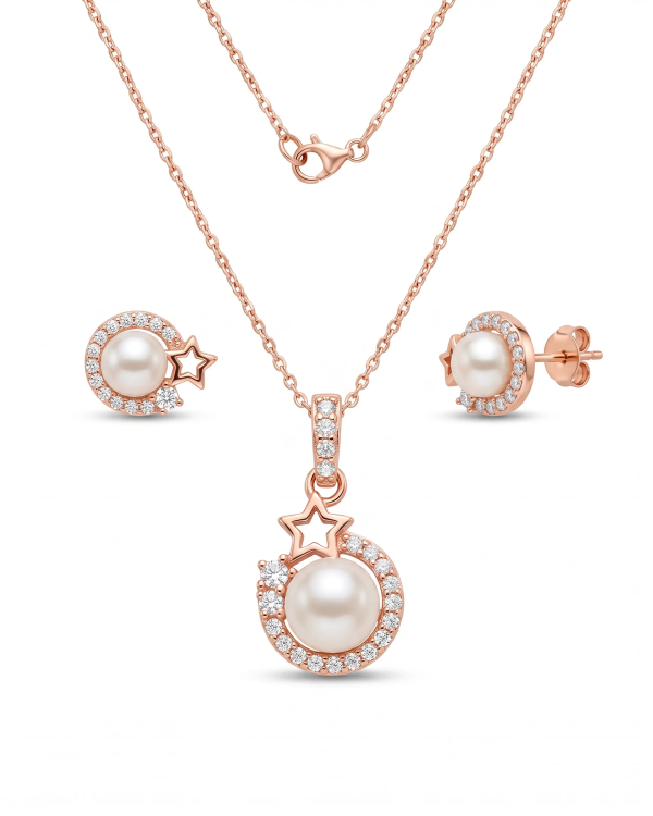 Rose Gold Pearl Halo Star Pendant Set