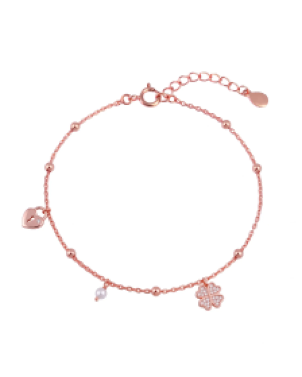 Rose Gold Clover and Heart Charm Harmony Anklet