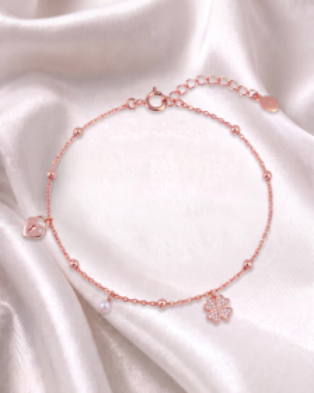 Rose Gold Clover and Heart Charm Harmony Anklet